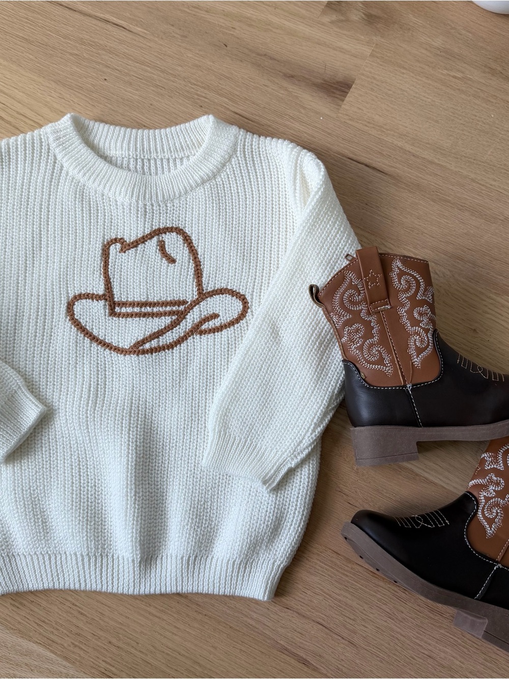 Boys Cowboy Cream Knit Sweater with Brown Cowboy Boots